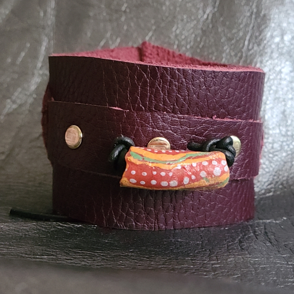 NWOT Leather adjustable cuff bracelet with African Krobo glass bead